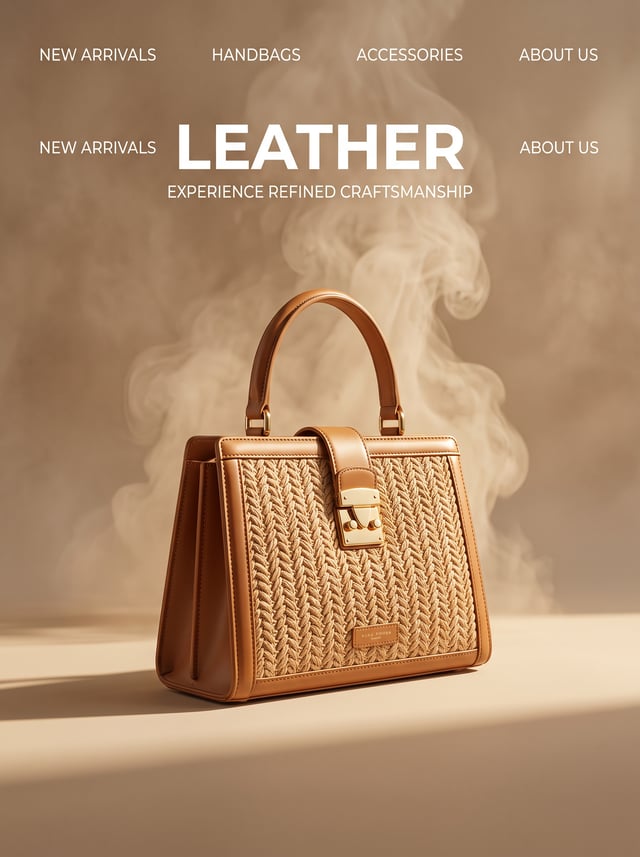A structured tan leather handbag stands upright on a seamless beige studio surface, its rounded top 