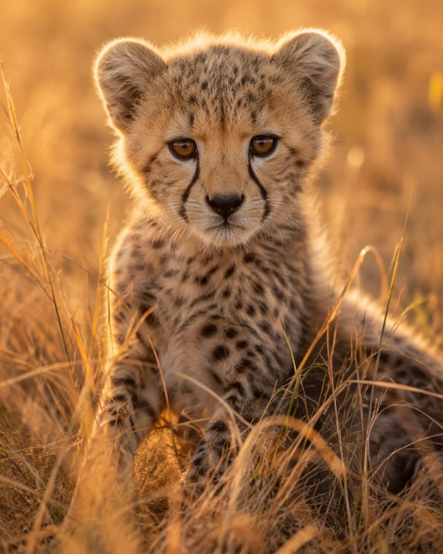 Hyper-realistic wildlife photograph. A young cheetah cub sitting in tall golden savannah grass at su