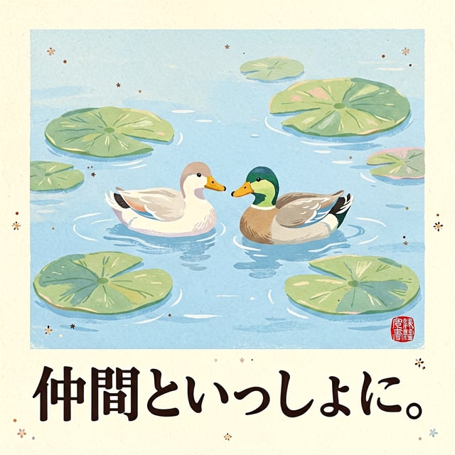 Modern Japanese café poster featuring two ducks floating peacefully on soft blue water with oversize