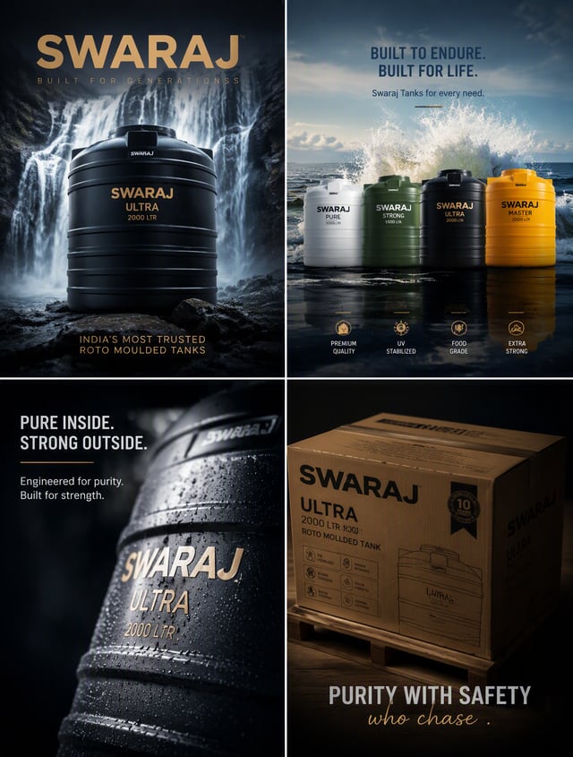 Create four connected premium realistic editorial images for SWARAJ TANKS. Dark cinematic grown-up v