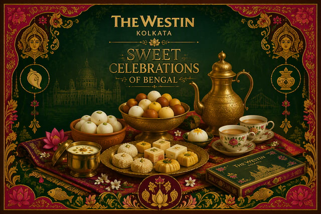 Create a luxurious square Bengali sweets and celebration artwork. Use a deep emerald-green backgroun