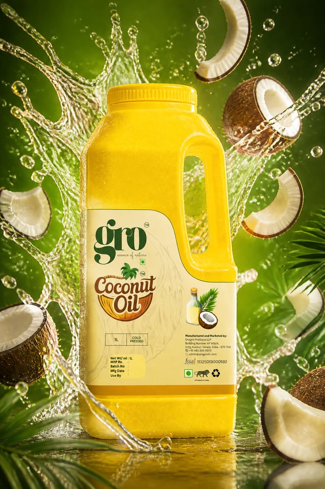 Hyper-realistic product advertisement of a Gro Coconut Oil Bottle with its brand green and coconut d
