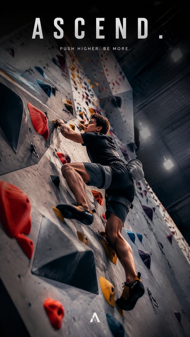Create a premium 9:16 sports editorial portrait.Main Subject: Young male climber wearing a minimalis