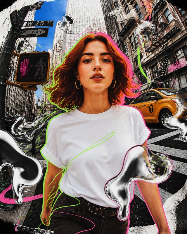 Mixed media collage animation style, a stylish young woman walking confidently toward the camera, re