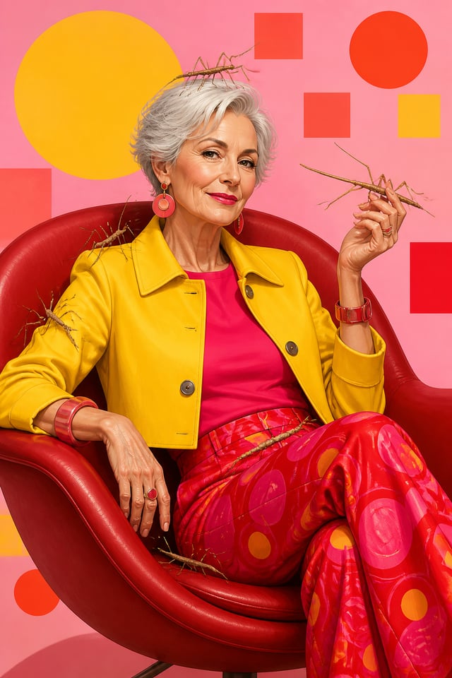 Bright editorial illustration style. An elegant elderly European woman with short silver hair and re