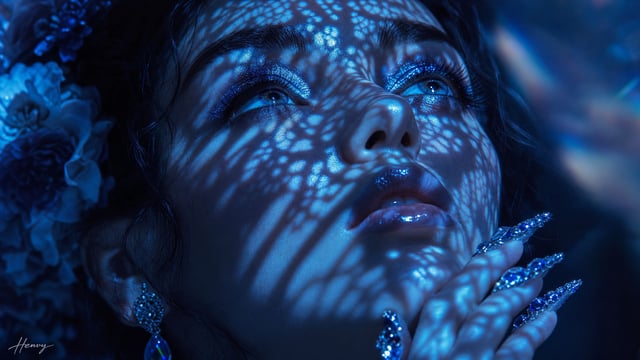 Create a high-fashion cinematic portrait for a luxury beauty campaign.Subject & Action: An extreme c