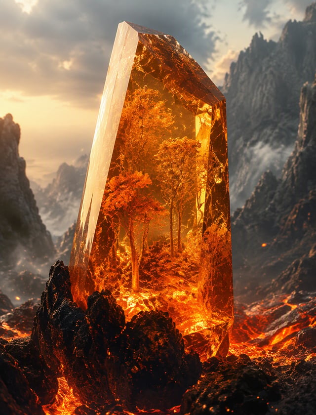 A photograph of a colossal, naturally formed amber crystal towering over a volcanic landscape. The p