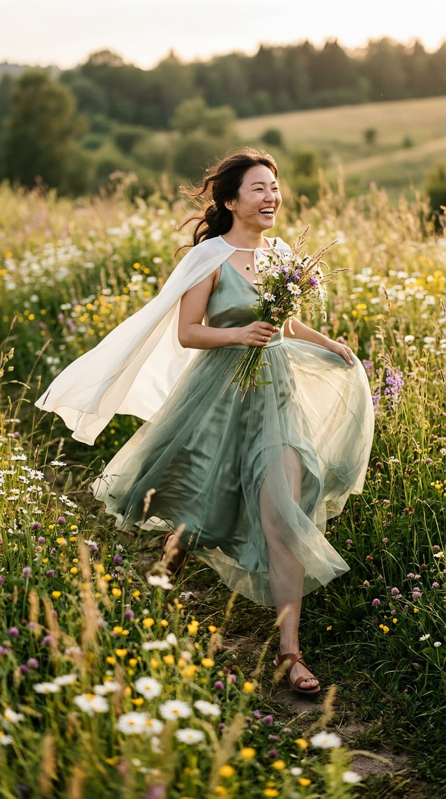Subject: [adult East Asian woman / character] Outfit: [sage-green satin dress with layered sheer tul