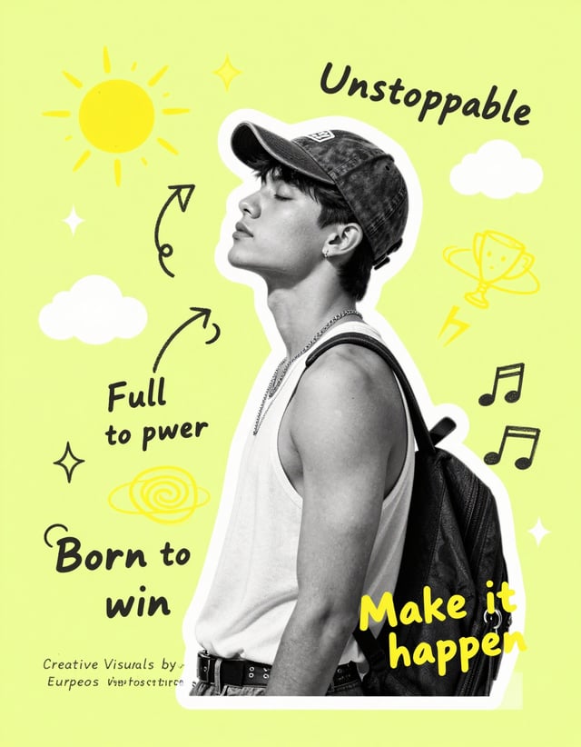 Create an original Y2K-inspired scrapbook collage poster featuring a stylish young man in side profi