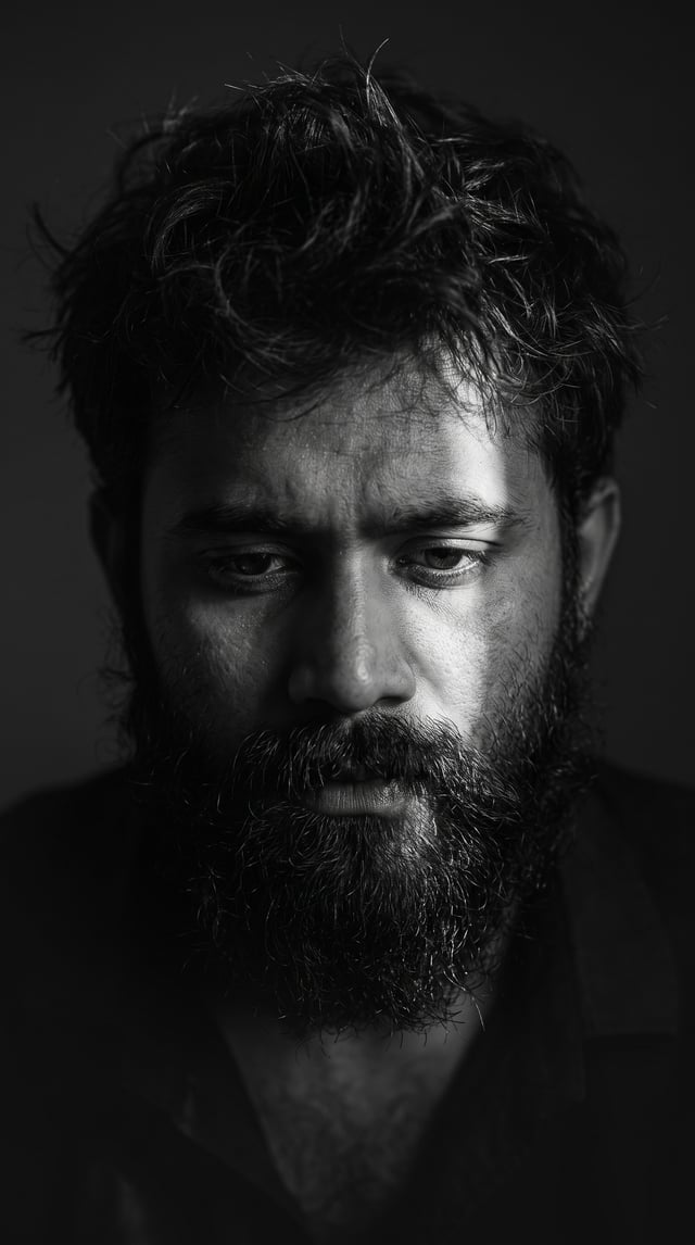 Close-up black and white portrait of a man use image face reference with messy hair and a rough bear