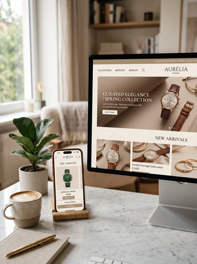 A lifestyle product mockup showing an iPhone and a desktop monitor side by side on a clean white mar