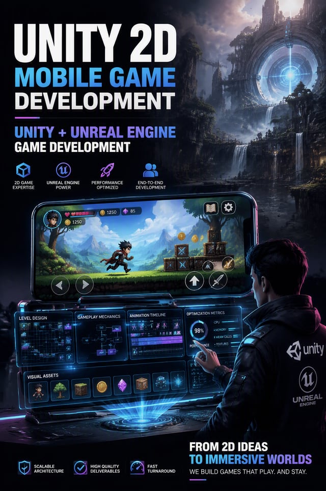 Create an extraordinary premium 2:3 vertical social media advertisement for UNITY 2D MOBILE GAME DES