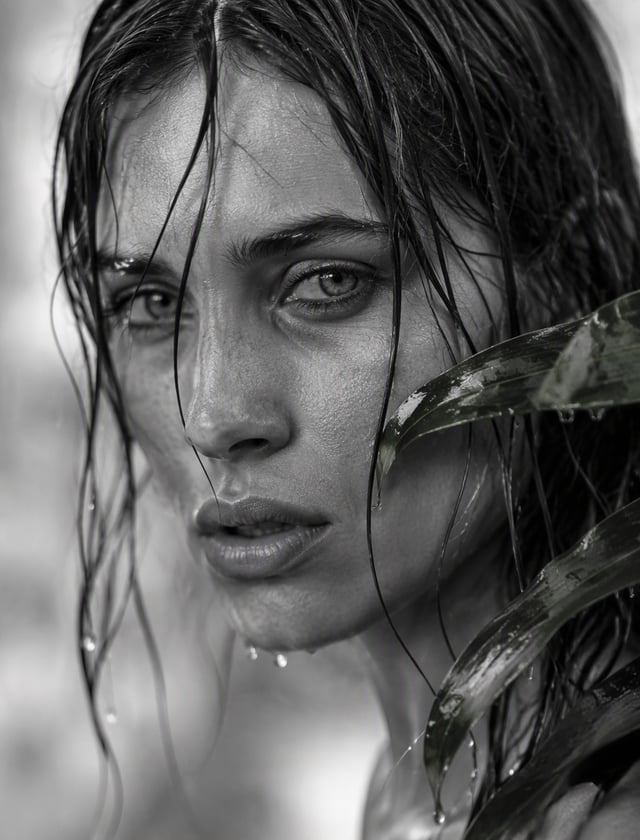 A close-up of the woman's face, her wet hair, from which drops of water are dripping, her skin glist