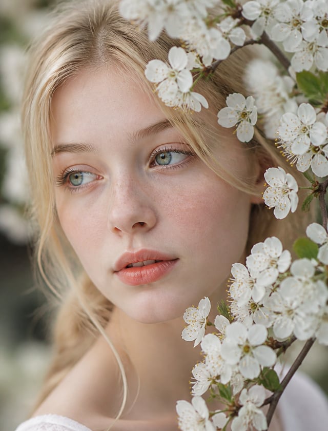 A close-up shot of a young, pretty teen woman with pale skin and light-blonde hair. She has blue eye