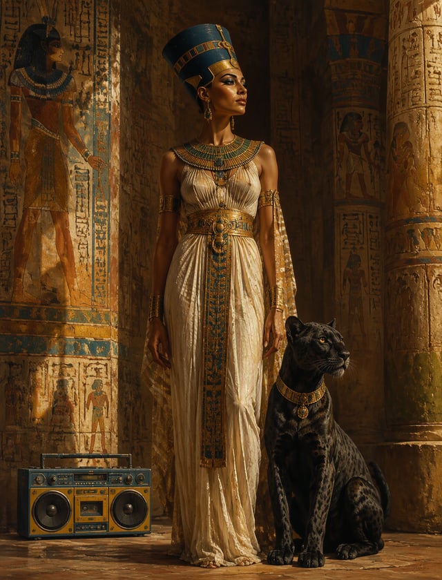 A dramatic oil painting depicting Egyptian Queen "Nefertiti" in a full-length portrait, radiating re