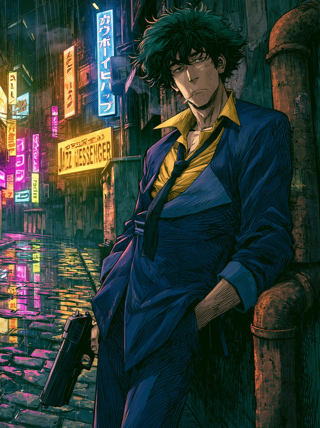 Spike Spiegel from Cowboy Bebop, standing and leaning against a rusty pipe in a gritty, wet cyberpun