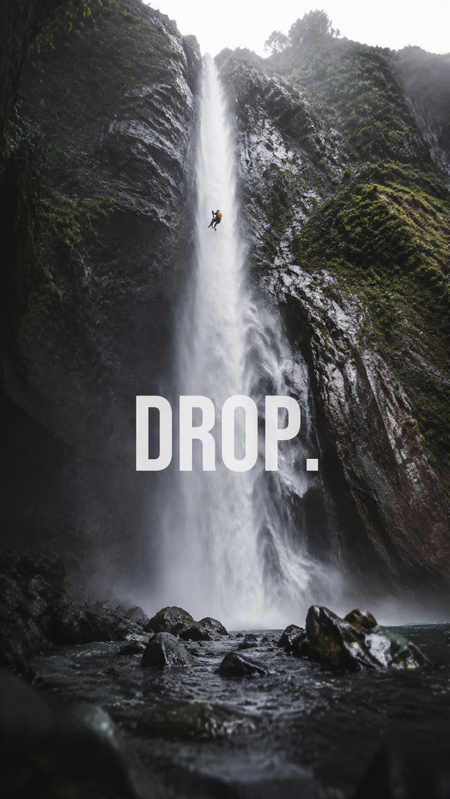 Create a premium 9:16 adventure sports editorial.Main Subject: Young male canyoning athlete descendi