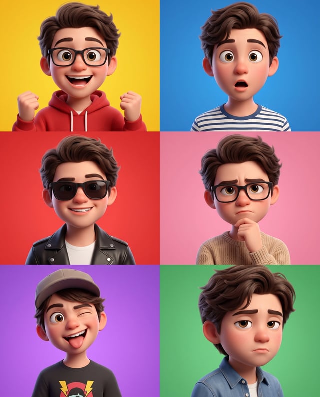 A 3D Pixar-style animated young male character showcased in a 6-panel grid layout, each panel featur
