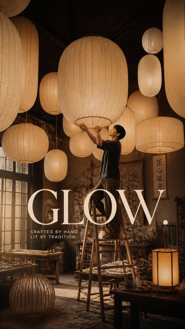 Premium editorial campaign.Main Subject: Young lantern maker inside a handcrafted paper lantern stud
