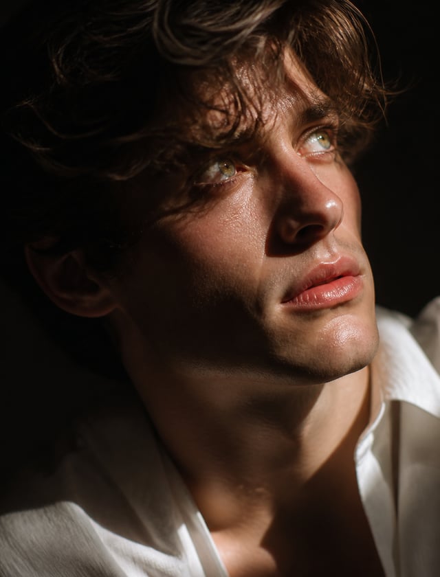 Hyper-realistic cinematic. Create an 8K close-up portrait of a handsome young man with medium-length