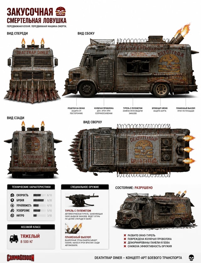 Deathtrap Diner" — Food Truck WarmachineCharacter reference bible for "Deathtrap Diner," a mobile fo
