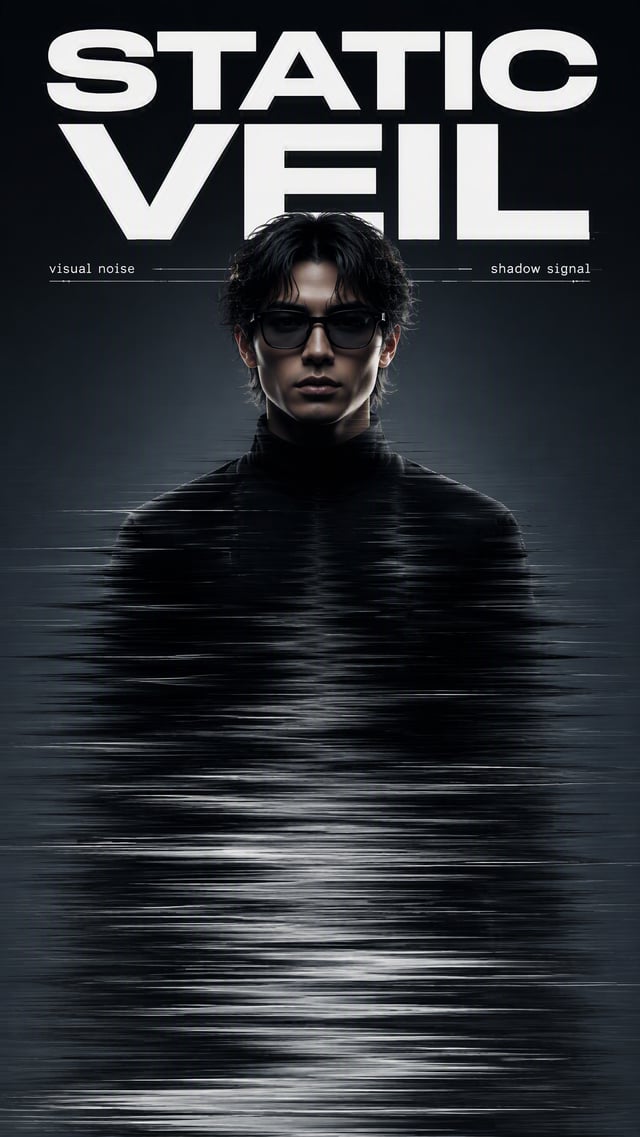 Experimental 9:16 portrait poster. A young male model facing forward, head and glasses sharp, lower 