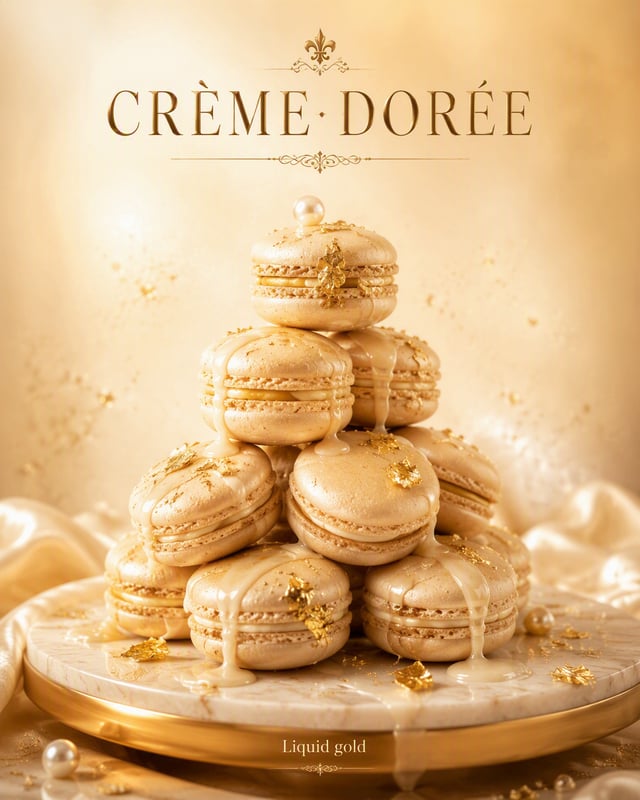 Create an ultra-premium dessert advertising poster for a fictional patisserie "CRÈME DORÉE". FORMAT: