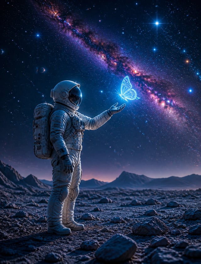 An astronaut standing on the rocky surface of an alien planet at night, reaching out to a glowing ne