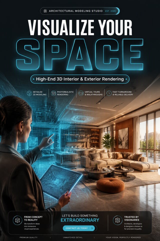 2:3 ASPECT RATIO. Design Focus: An interior architect holding a tablet, pointing toward a luxury liv