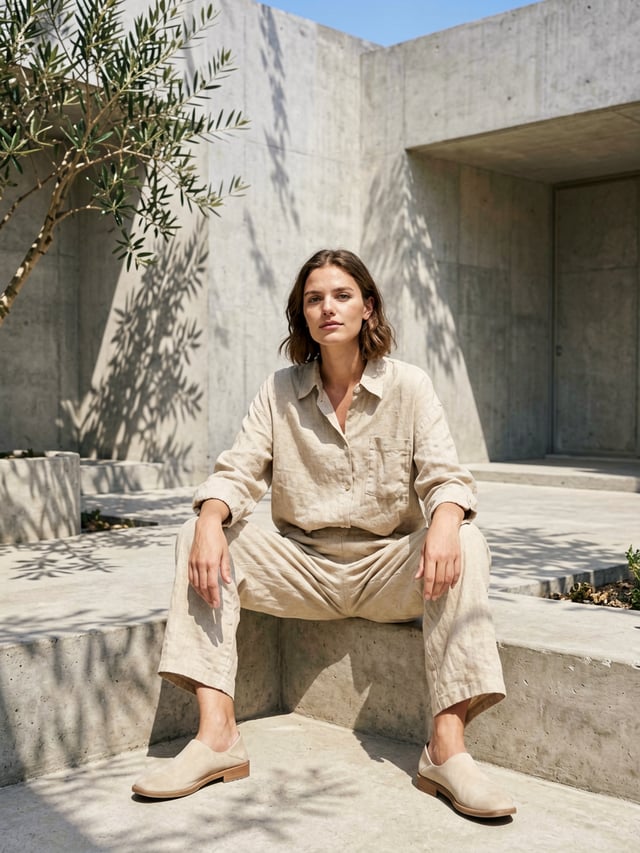 Minimalist lifestyle fashion ad, model wearing a relaxed-fit beige linen shirt and trousers, sitting