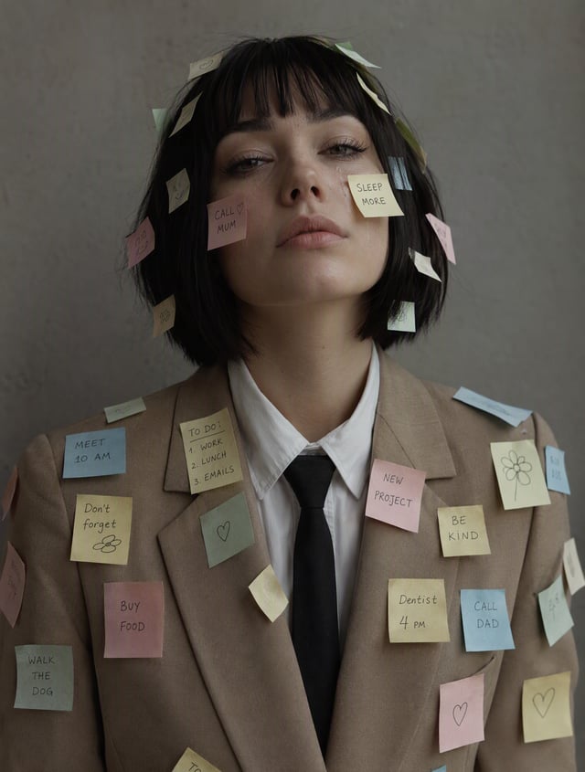 A young woman with a blunt dark bob and heavy bangs faces the camera in a formal beige suit, white s