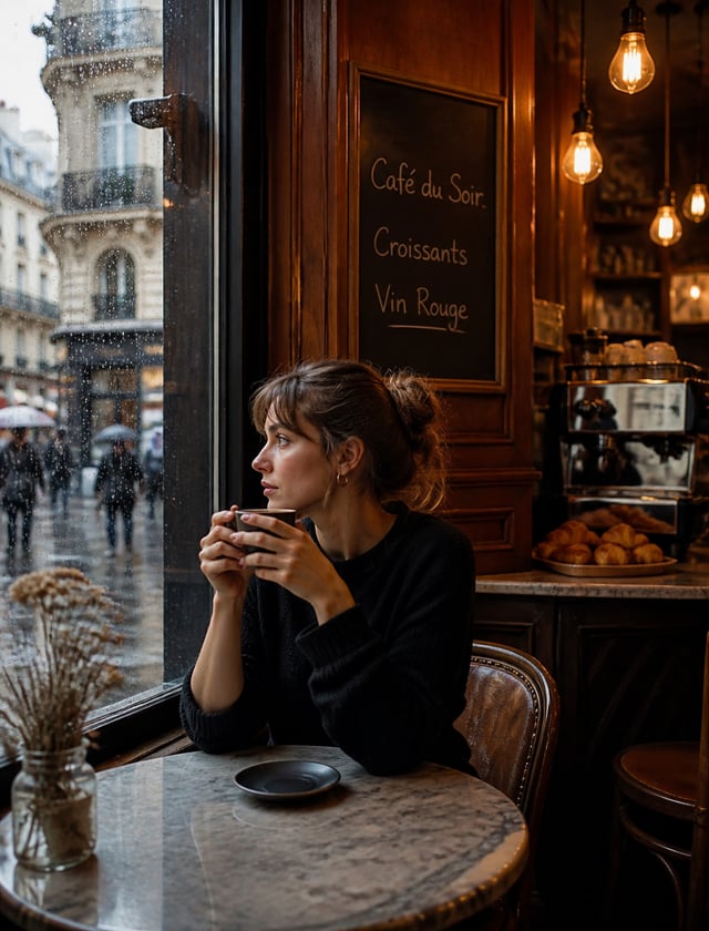 Cinematic photo of a young woman sitting alone in a cozy Parisian café on a rainy day, holding a cup