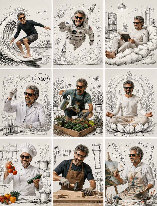 Create an ultra-resistic 3-3 editorial lifestyle collage festuring the same mature male portrayed tu
