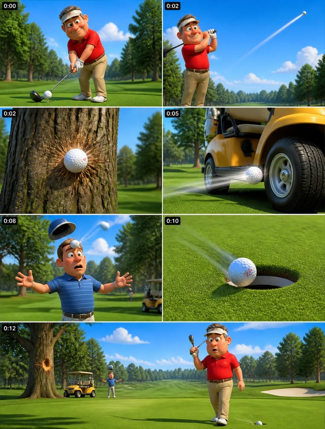 Use the attached DAVE VS THE GOLF BALL character sheet as the exact visual reference for Dave throug