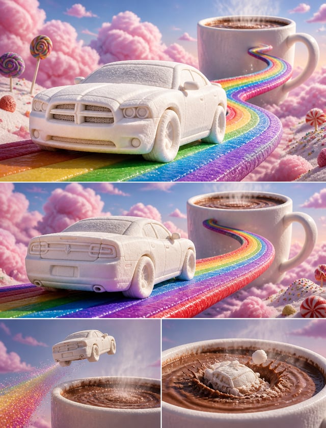 In a vibrant, candy-coated universe, a 2008 Dodge Charger, crafted entirely from soft white marshmal