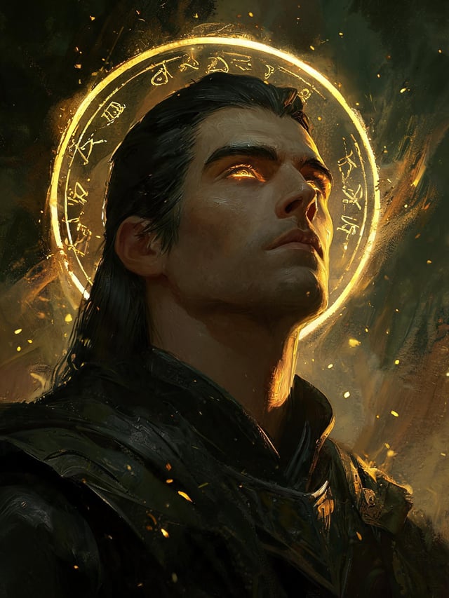Expressive dark fantasy portrait of a mystic warrior with a contemplative upward gaze, head tilted i