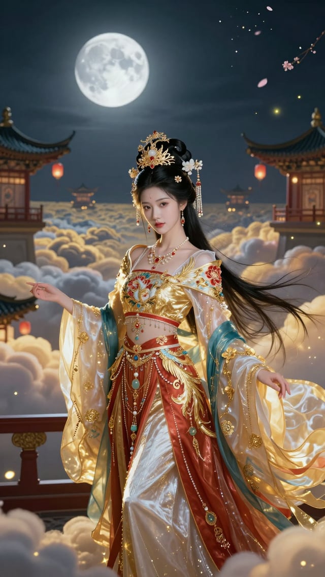 手机壁纸，竖版 9:16，超高清国风幻想插画。一位绝美、华丽、气质雍容的成年东方女子立于云海之上的仙宫露台，人物位于画面下半部至中央，顶部保留干净深邃的夜空与月光留白，适合作为手机桌面壁纸。她拥有精致