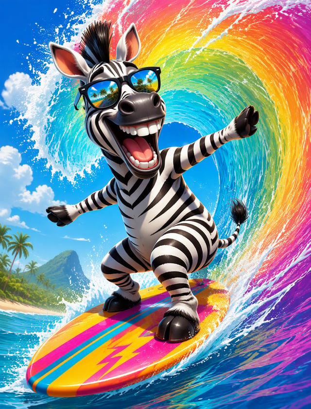 A cartoon zebra wearing sunglasses, surfing on a colorful wave with an exaggerated look of joy
