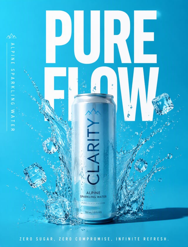 Create a premium vertical product advertising poster for a fictional sparkling water brand "CLARITY"
