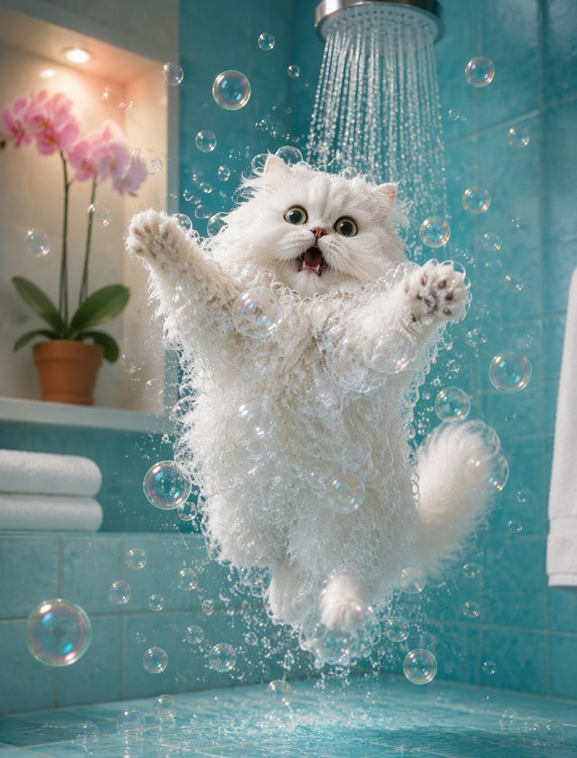 A soft, whimsical photograph captures a fluffy white Persian cat joyfully leaping beneath a cascadin