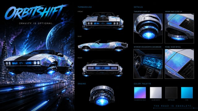 Create a premium cinematic vehicle bible sheet for a hovering sci-fi car named ORBITSHIFT. Use the u