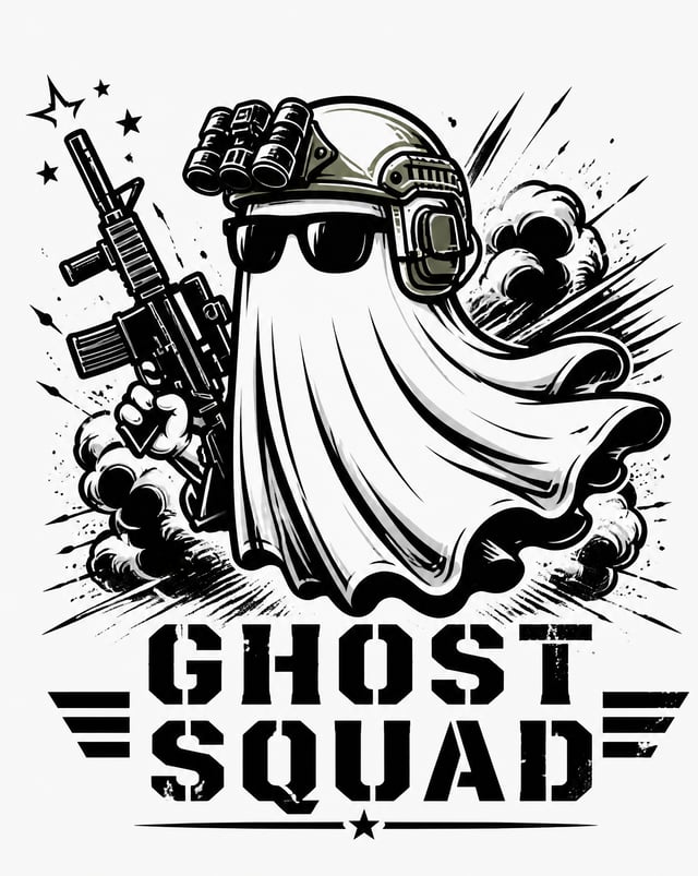 "A bold badass cartoon-style ghost illustration for t-shirt design, black and white high-contrast ve