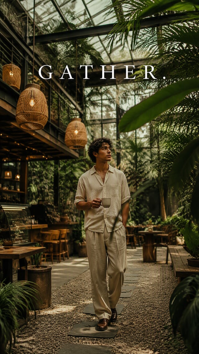 Premium editorial campaign.Main Subject: Young man standing inside a greenhouse cafe.Creative Direct