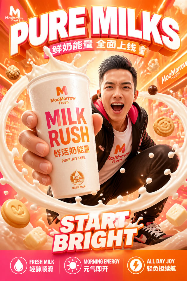 Create a premium flagship Amazon-style hero sales poster for a self-created fresh milk brand, strict