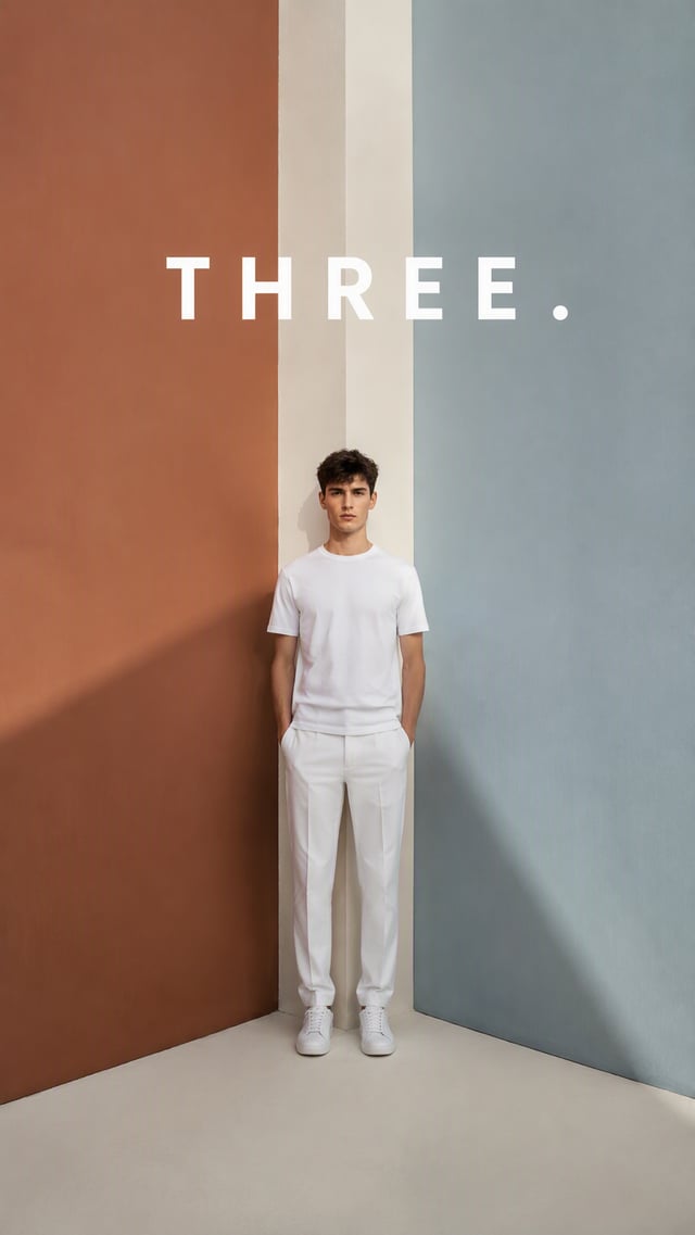 Create a premium 9:16 conceptual editorial portrait.Main Subject: Young male model wearing a simple 