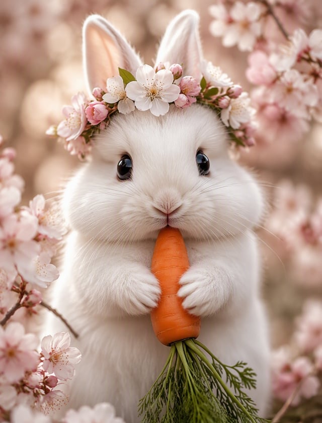 A hyper-realistic digital painting of an adorable fluffy white bunny with large, expressive black ey