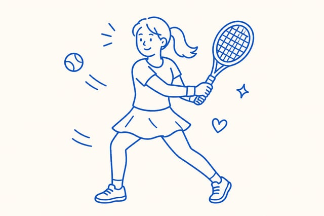 Playing tennis is represented by a minimalist hand-drawn doodle illustration based on a color monoli