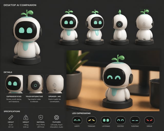here are the inspos i found for a desktop ai companian model i am gonna 3d print. Design a cute, com