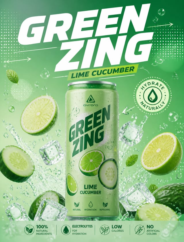 青柠黄瓜气泡饮料广告，薄荷绿色背景，顶部大主标“GREEN ZING”，使用粗体斜体无衬线字体，干净有力量，副标“LIME CUCUMBER”放在标题下方，浅绿色易拉罐居中，罐体简洁青柠黄瓜图形，周围