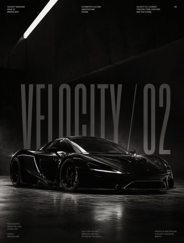 Ultra-premium black supercar photographed inside a brutalist architectural studio, front three-quart